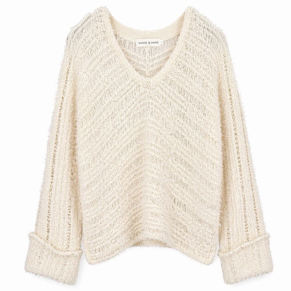 Sadie & Sage Cream Textured Fringe Knit Sweater Boho Oversized Long Sleeve